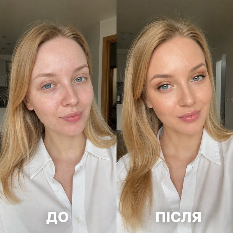 До і після макіяжу — блондинка з блакитними очима, VENUSENCE